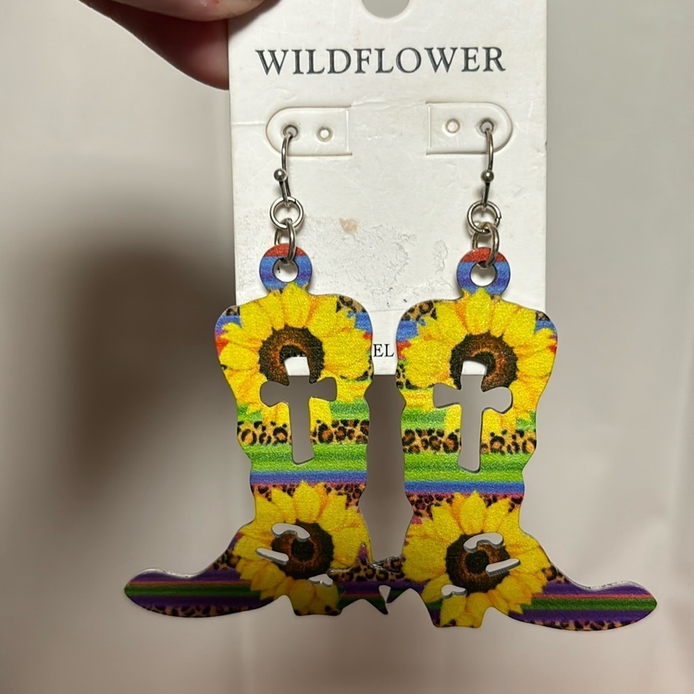 Fun sunflower cowboy boot dangle earrings
